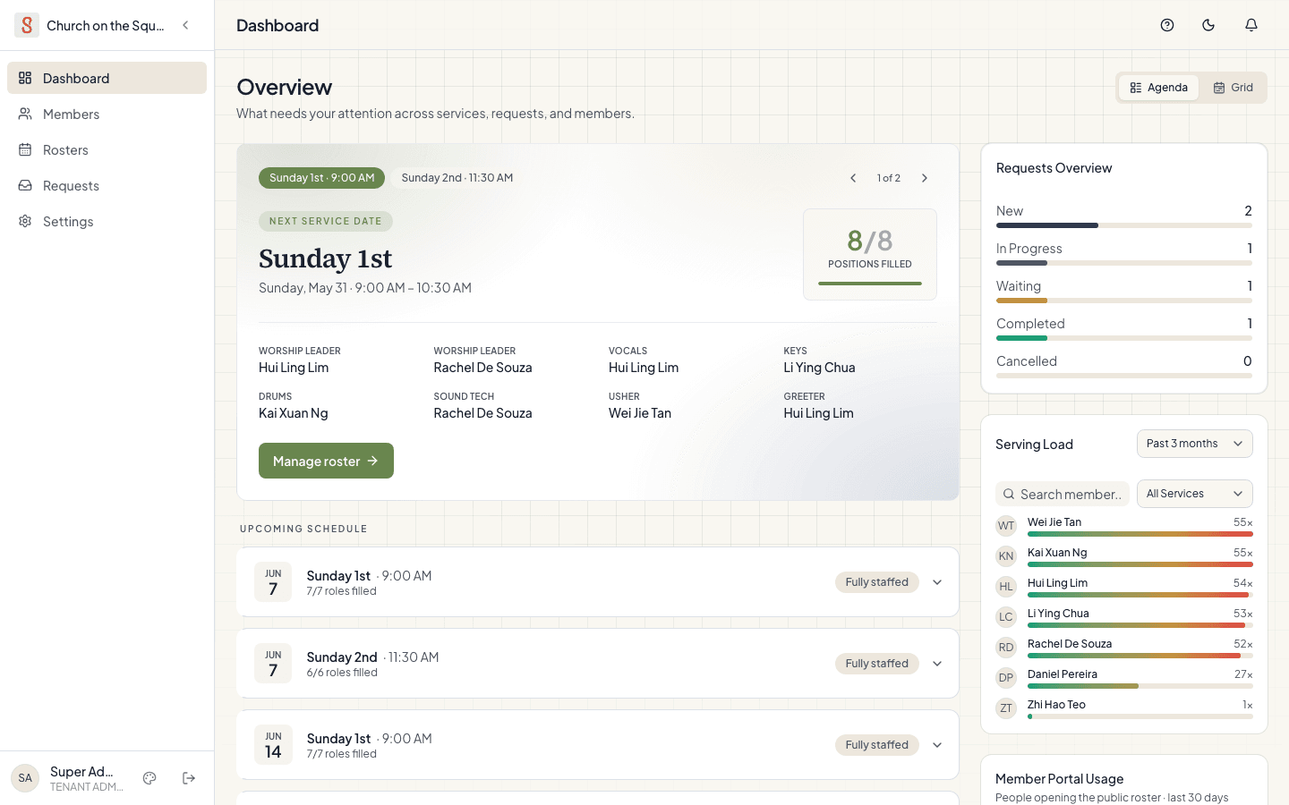 Shepherd's dashboard on desktop — the next service, roster fill, requests, and serving load at a glance.