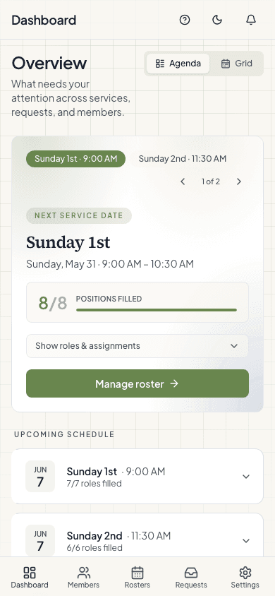 Shepherd as a phone app — the dashboard agenda with the next service and upcoming schedule.