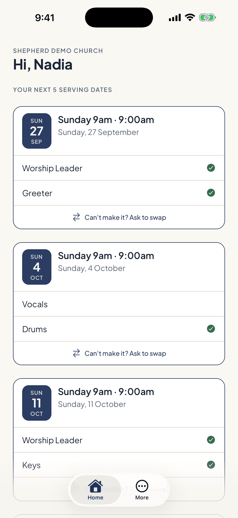 A volunteer's next serving dates in the Shepherd app, each with an Ask to swap link.