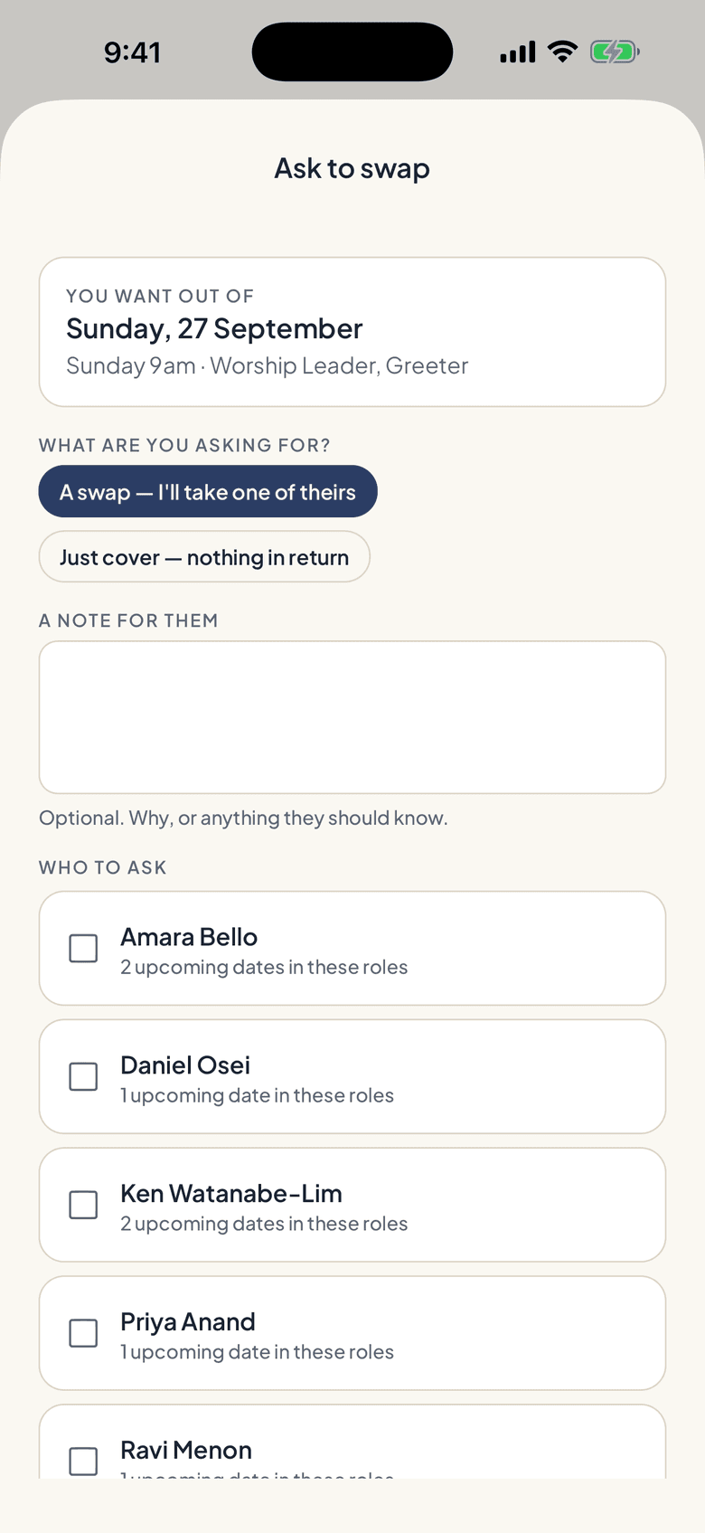 Asking to swap a Sunday in the Shepherd app. The volunteer picks who to ask.