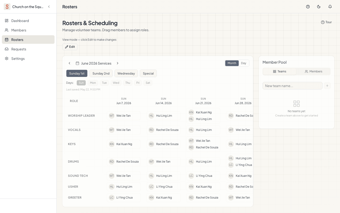Shepherd's roster grid on desktop — a month of services with volunteers assigned to each role.
