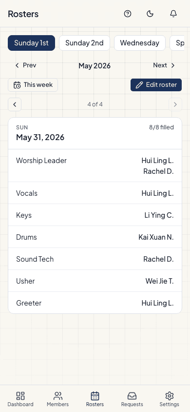 Shepherd as a phone app — one Sunday's roster, swipeable, with every role filled.